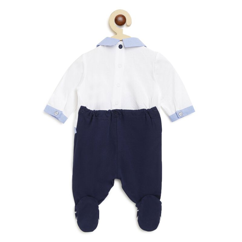 Boys Medium Blue Printed Nappy Opening Babysuit image number null